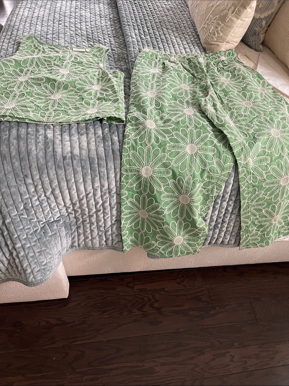 Calypso St. Barth Green Embroidered Floral Top with White Stitching
